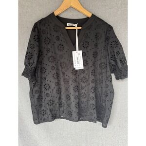 Grace Karin Eyelet Embroidered Top XL Black Ruffle Cuff Chic Broderie Anglaise